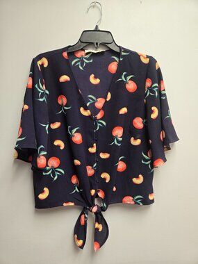 LUSH XS Peach Print Crop Blouse Navy Blue Short Sleeve Tie Front V-Neck Top Boho